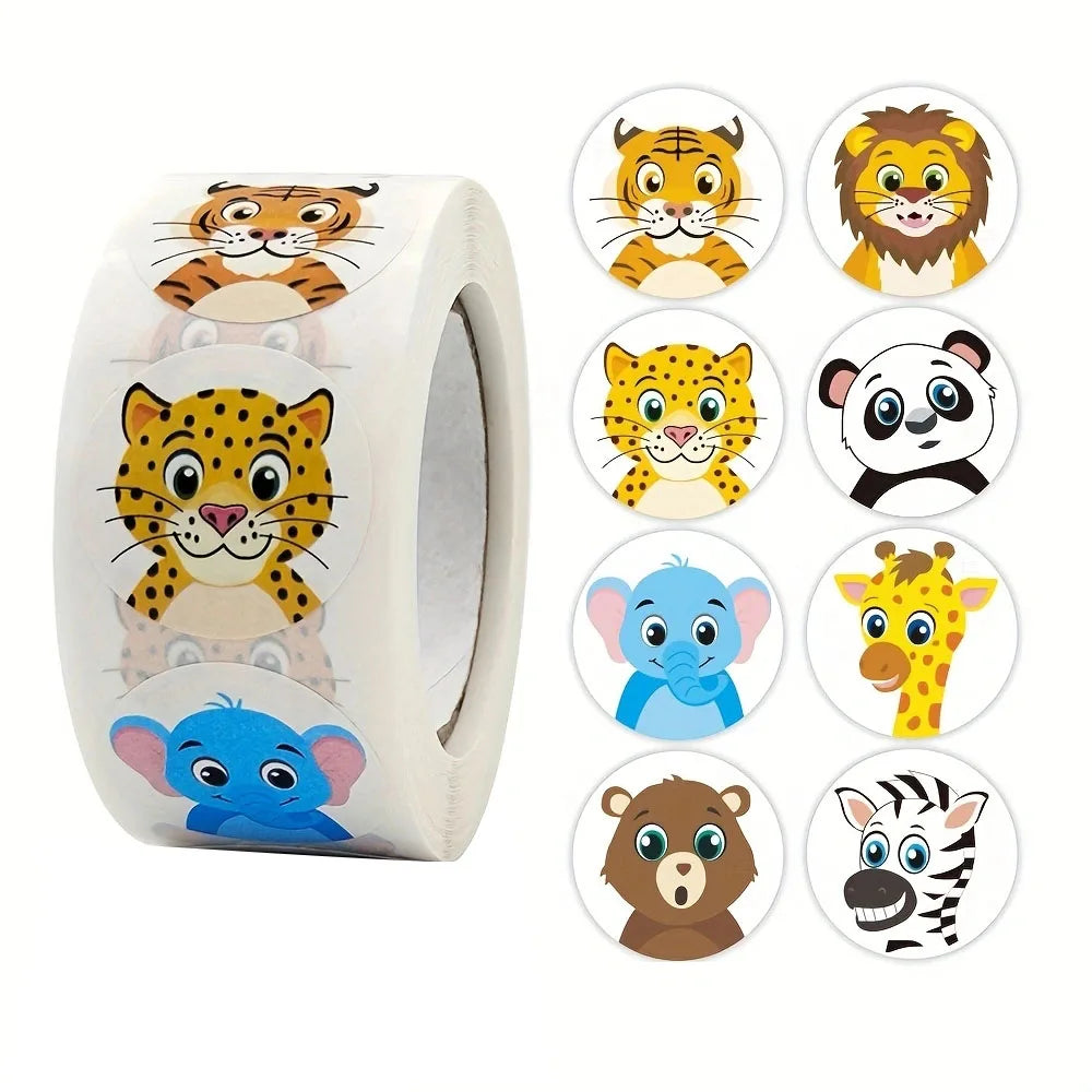 Adesivos de recompensa de animais de desenho animado com 500 peças/rolo, 2,5 cm/1,0 pol., decoração faça você mesmo, perfeitos para jogos de aprendizagem, bloco de notas, geladeira, etiquetas de selo de presente