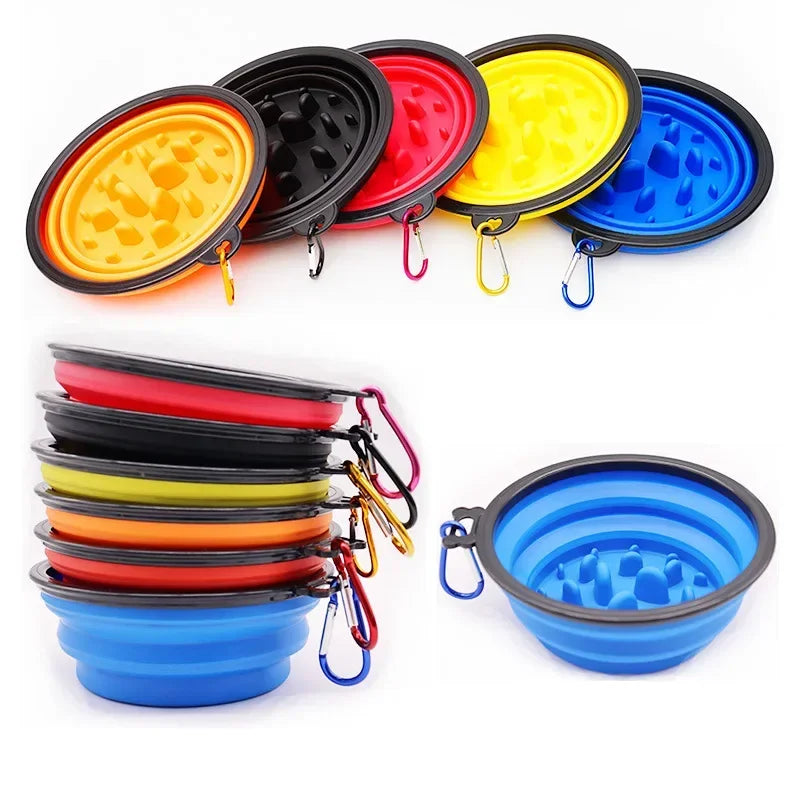 Tigela dobrável de silicone para animais de estimação, tigela de comida lenta para cães, tigela portátil para cães ao ar livre, utensílios de mesa, tigelas de arroz para cães e garrafa de água para cães