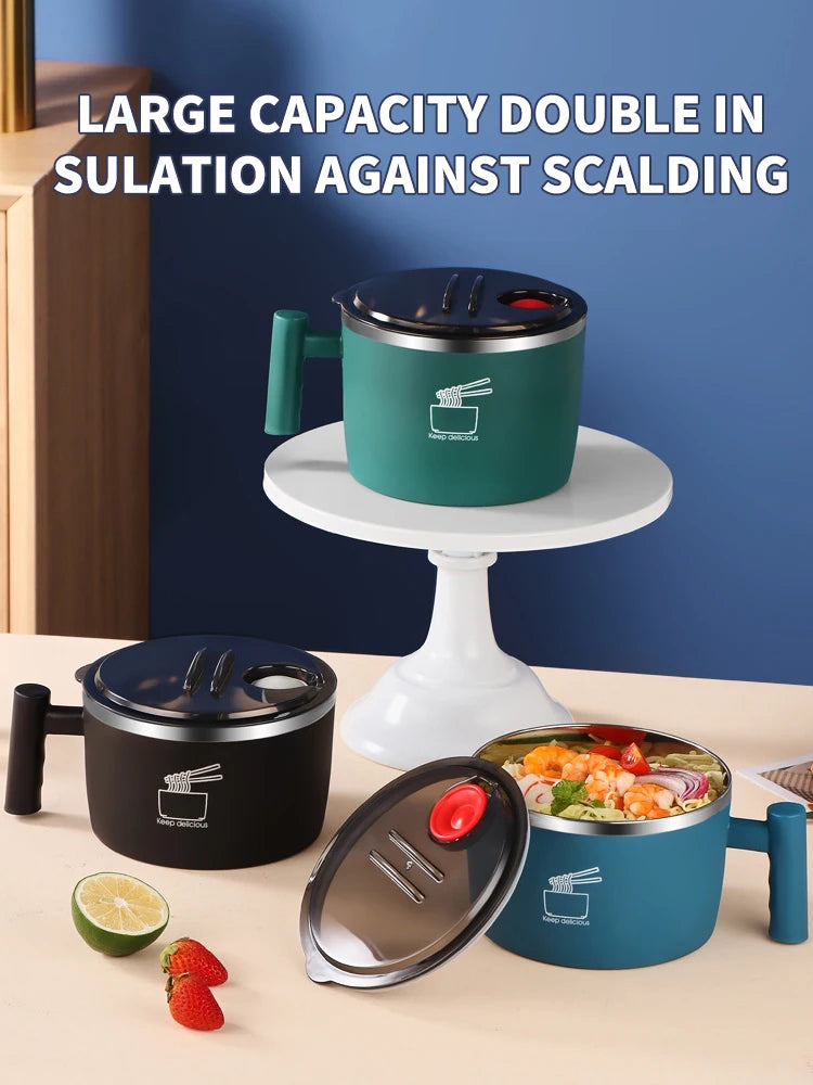 Tigela de aço inoxidável com tampa para macarrão instantâneo, tigela de drenagem selada e portátil para utensílios de cozinha, parceiro de macarrão instantâneo