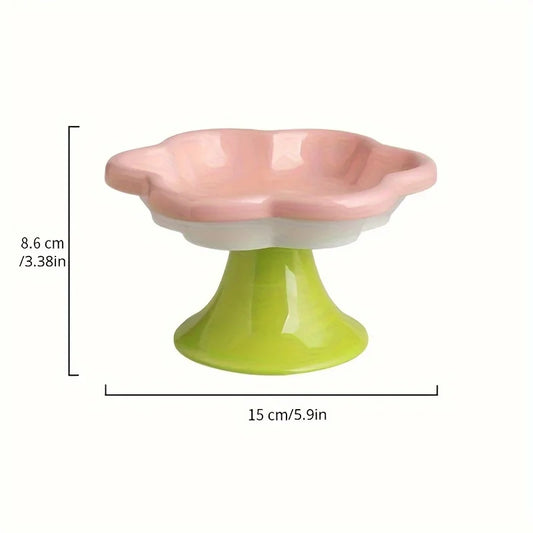 Tigela de cerâmica para animais de estimação com design de flores, tigela para comida de gato, prato de água com pé alto, prato para lanche com suporte para proteção do pescoço, água potável