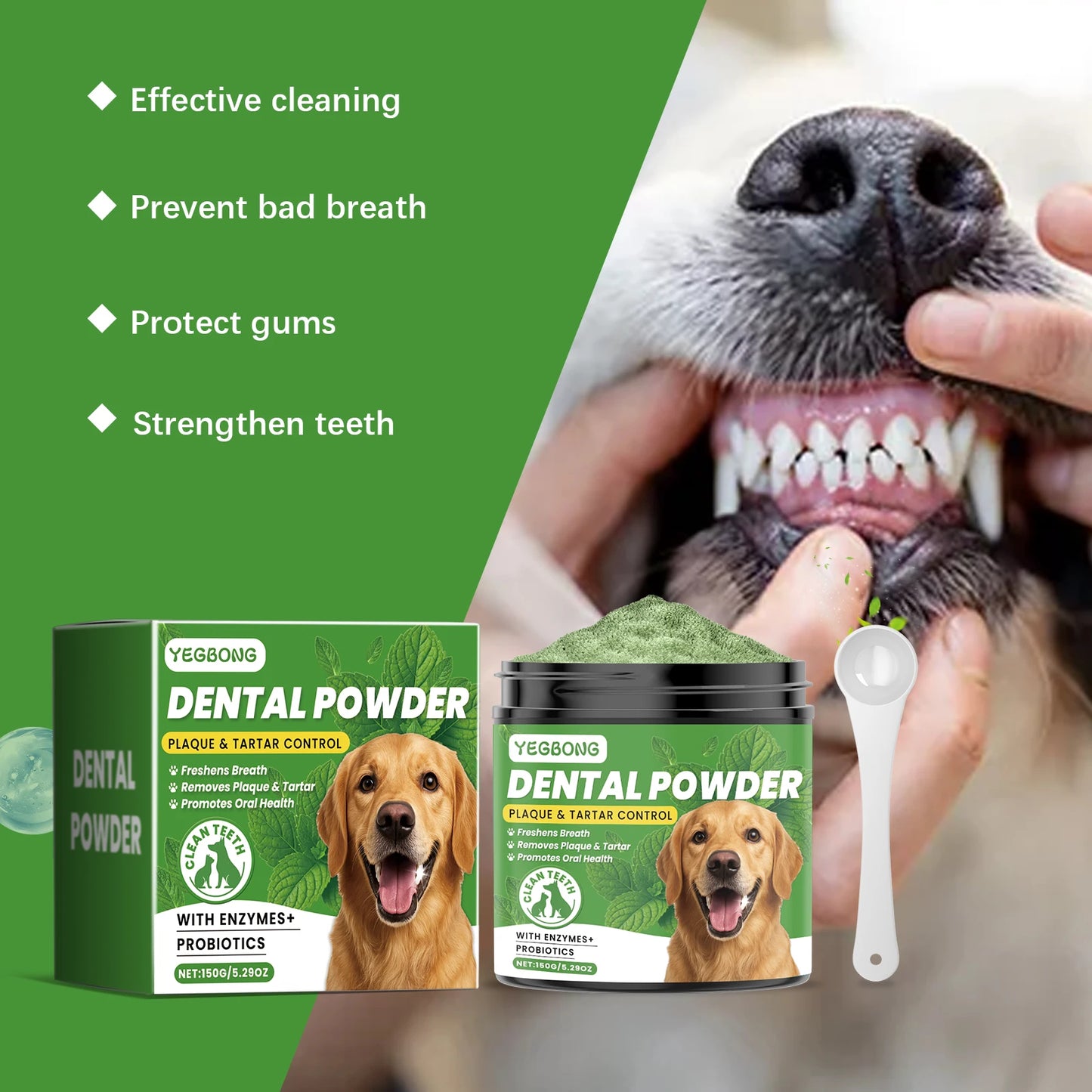Pó para limpeza de dentes de cachorro Yegbong - Cuidado dental suave para animais de estimação - Remove tártaro, manchas e mau hálito - Clareia os dentes