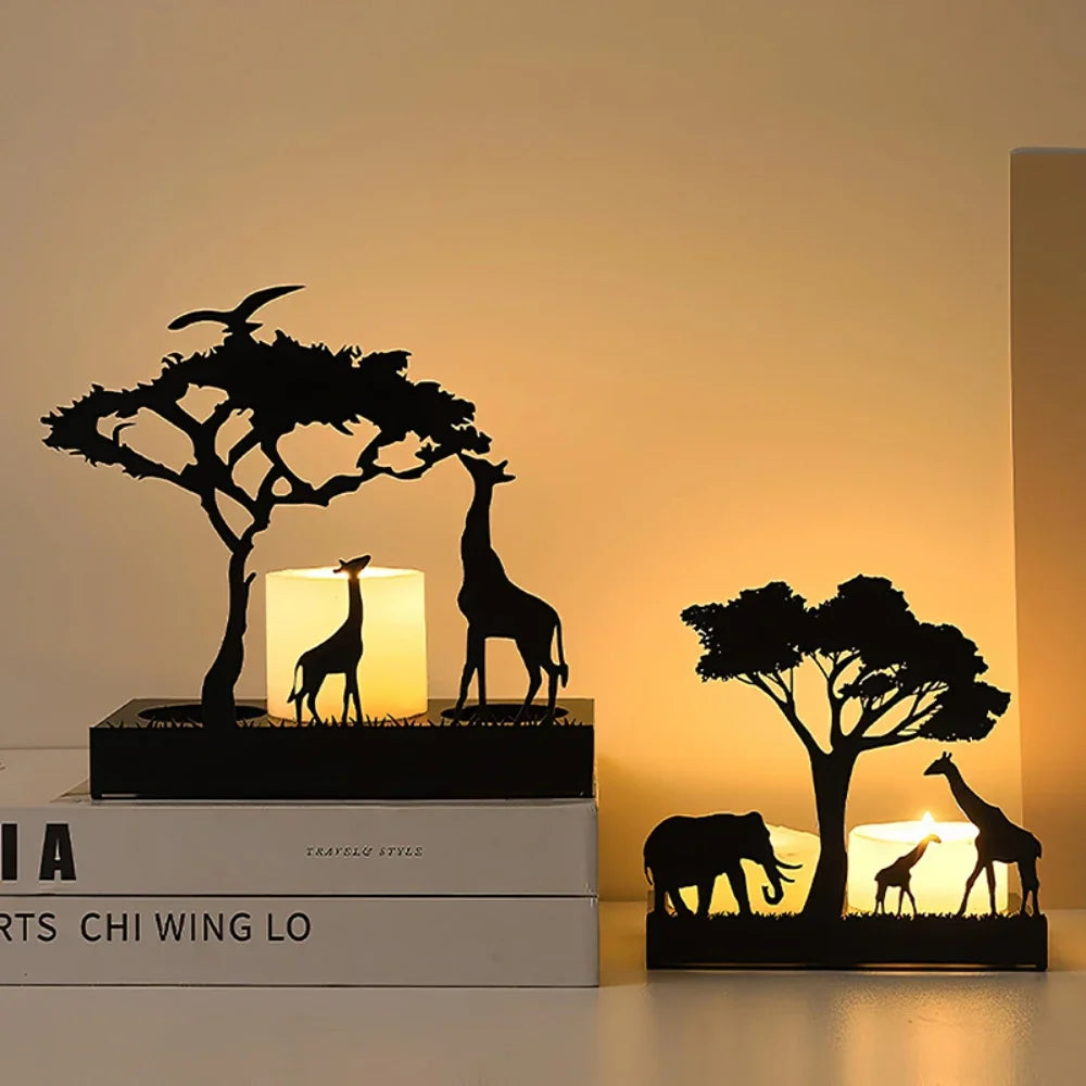 Recipiente para velas de animais 3D, silhueta, suporte de metal, ferro, veado, elefante, girafa, decoração para mesa de casa, adereços, kit de presente