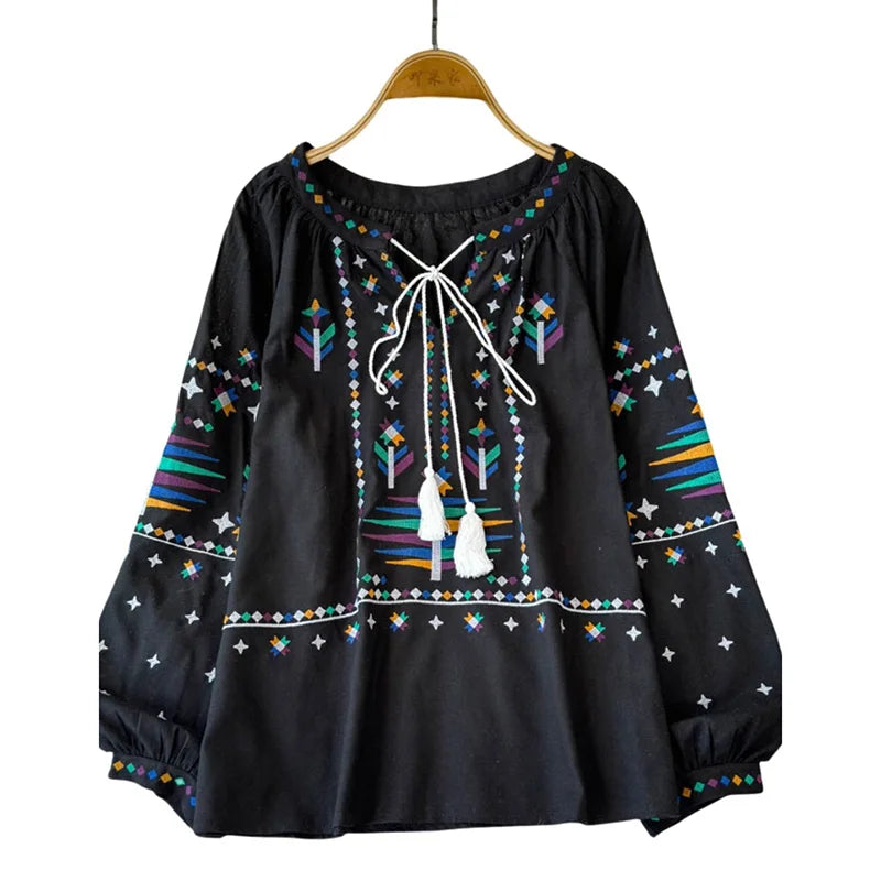 Blusa feminina de outono temperamento elegante vintage camisa bordada 2024 novo estilo boêmio férias top solto BL026