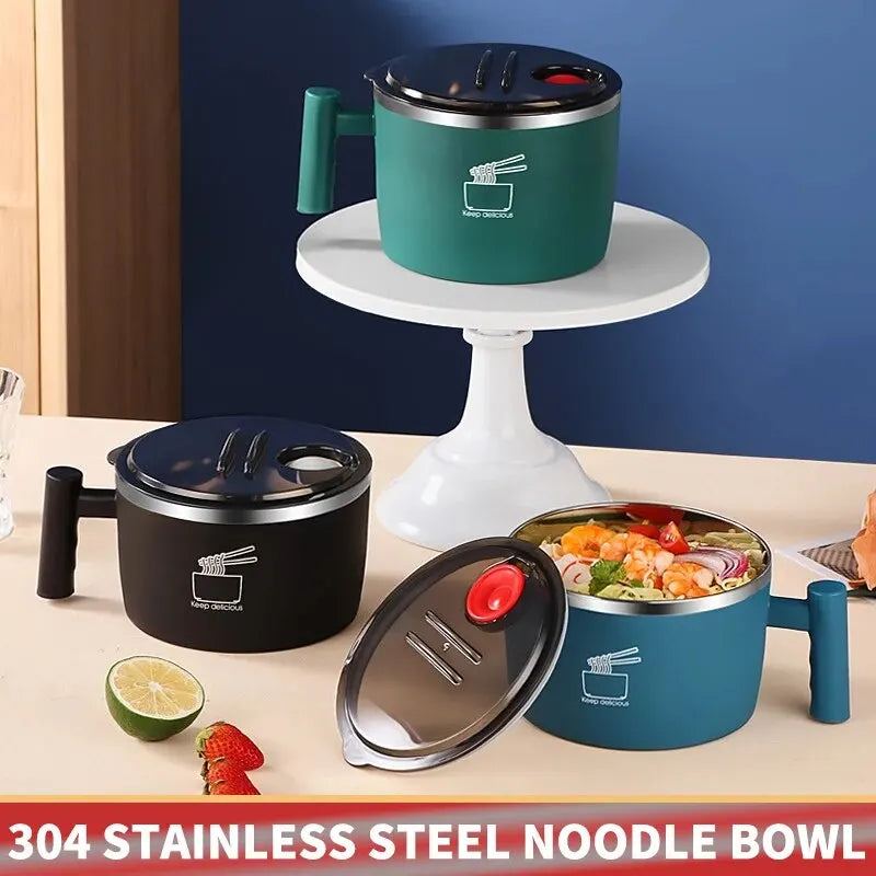 Tigela de aço inoxidável com tampa para macarrão instantâneo, tigela de drenagem selada e portátil para utensílios de cozinha, parceiro de macarrão instantâneo