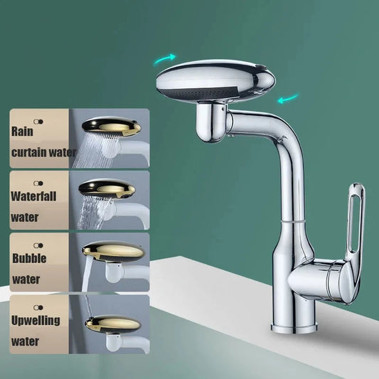Torneira multifuncional para cascata, 4 modos de saída de água, torneira de água quente, rotação 360°, água quente e fria, névoa