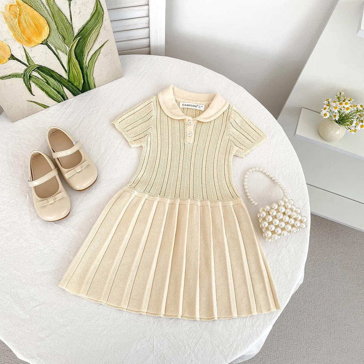 1-5Y Kids Clothes Hollow Out Knit Dress For Kids Girls Kids Knit Pleated Dresses