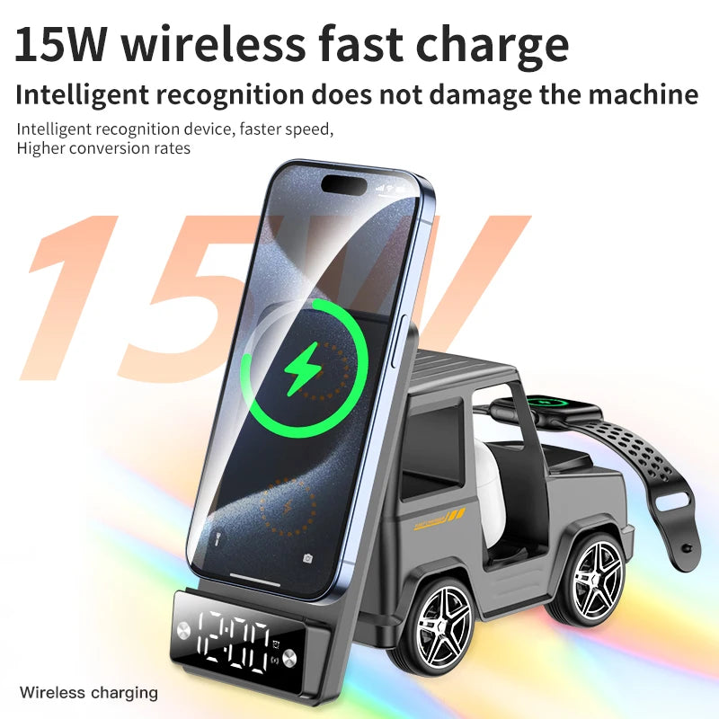 Suporte para carregador sem fio 6 em 1 para carro, formato inovador de carro, carregador de mesa de carregamento rápido de 15 W, ótima ideia para presente