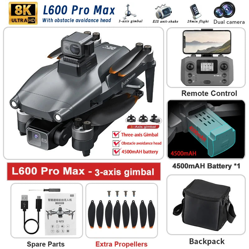 2025 Novo L600 PRO MAX GPS Drone 5KM 4K Profissional HD Câmera Dupla Gimbal de 3 Eixos 360 Evitação de Obstáculos Quadricóptero Sem Escovas Brinquedo