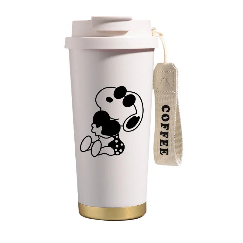 Garrafa térmica de aço inoxidável Snoopys 500ml, anime Kawaii, portátil, viagem, ar livre, carro, chá, café, caneca térmica fria