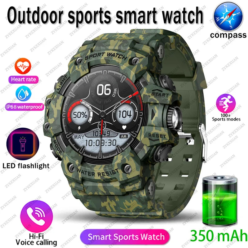 Novo relógio inteligente esportivo robusto para atividades ao ar livre 2025, masculino, com chamada Bluetooth, colorido, IP68, à prova d'água, bússola militar, relógio inteligente, lanterna