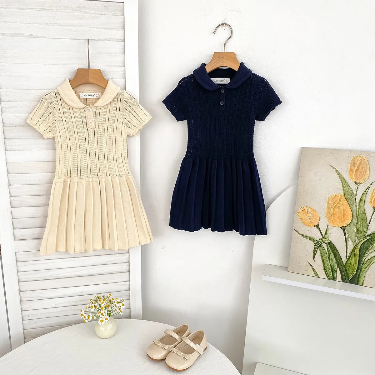 1-5Y Kids Clothes Hollow Out Knit Dress For Kids Girls Kids Knit Pleated Dresses