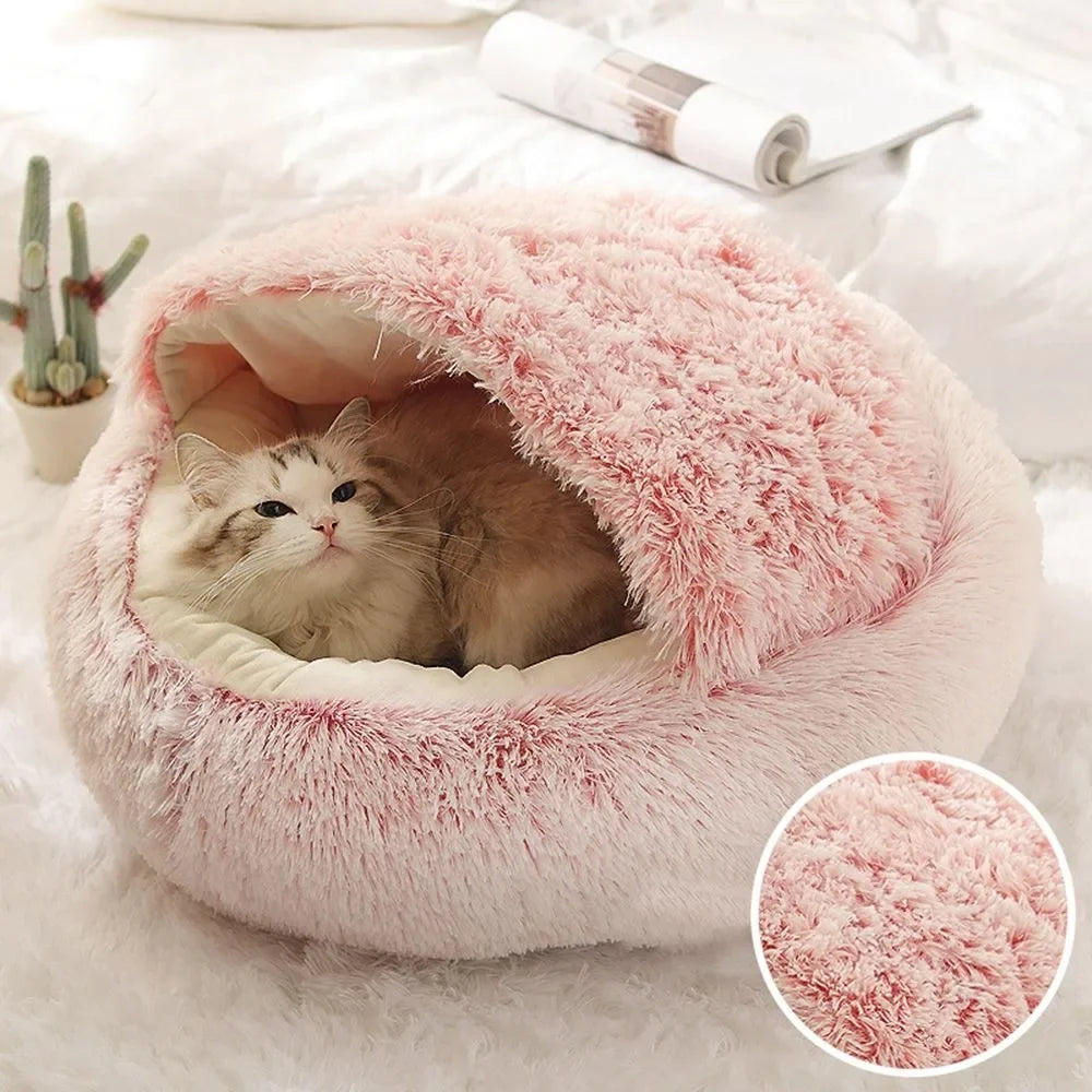 Cama de pelúcia longa e macia para animais de estimação, fechada, redonda, almofada para gatos, confortável, saco de dormir, ninho para gatos, canil para pequenos animais de estimação