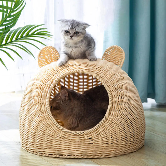 Cama de gato de vime sólido, redonda, ninho interno, formato de gato, esconderijo interativo para gatinhos
