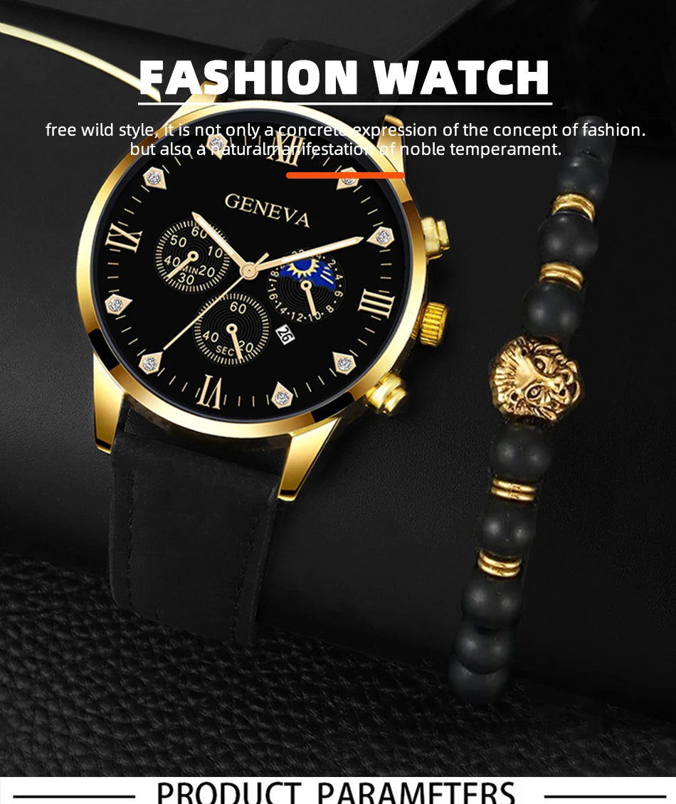 Conjunto de 2 relógios masculinos de luxo de quartzo, pulseira, relógio para homens, negócios, moda casual, ponteiro redondo, relógio de calendário