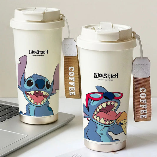 Copo térmico de canudo de anime Kawaii Stitch 600ml, copo térmico de desenho animado de aço inoxidável 304, garrafa térmica portátil com dupla função para água potável, presentes para meninos e meninas