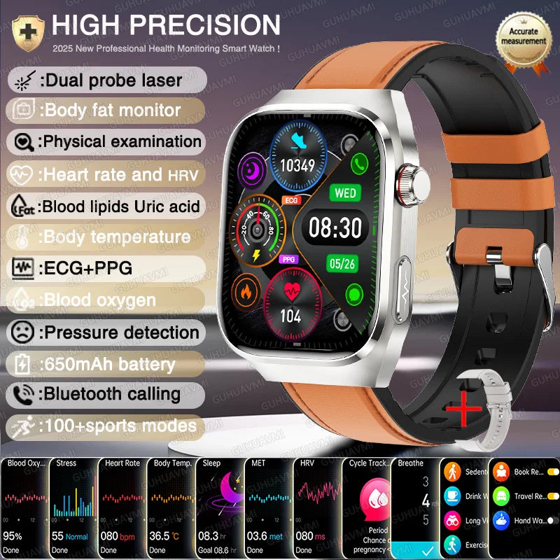 Novo relógio inteligente para Android e iOS, monitor de saúde, masculino e feminino, com precisão de ECG e PPG para ácido úrico e pressão arterial, análise de órgãos e corpo, 2025