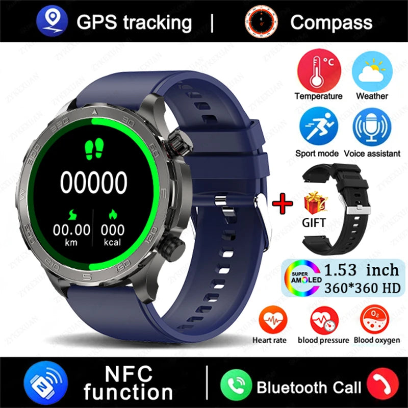 Novo relógio inteligente masculino com GPS e Bluetooth, tela AMOLED HD, frequência cardíaca, NFC, IP68, à prova d'água, esportivo, para Android e iOS, 2025
