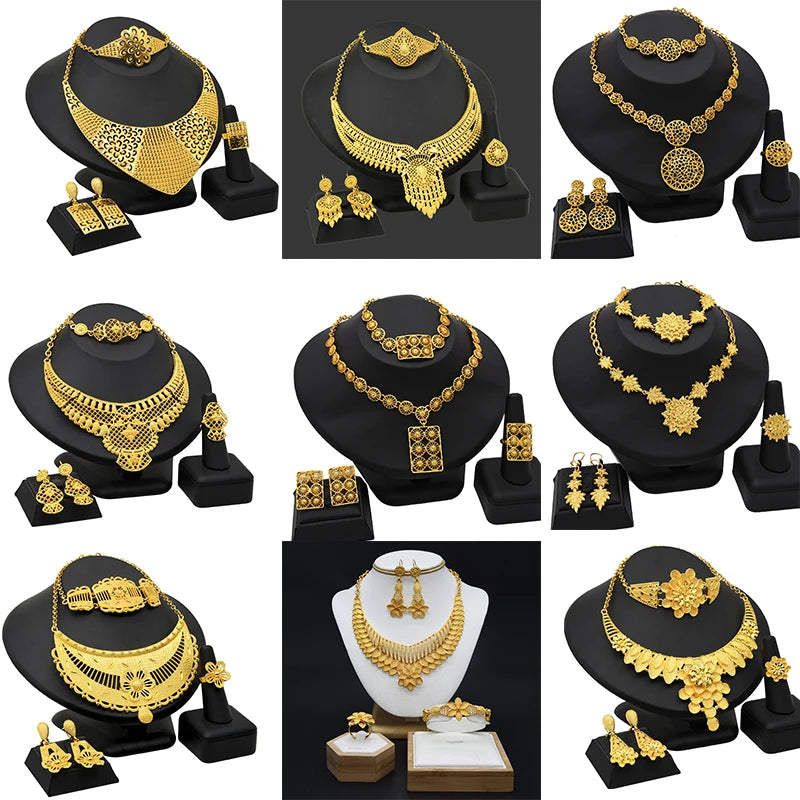Conjunto de 4 peças banhadas a ouro para noivas, colar, brincos, anel, pulseiras, joias indianas femininas