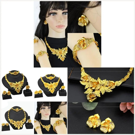 Conjunto de joias florais com strass dourados resistentes, acessório de moda portátil para noivas e festas noturnas