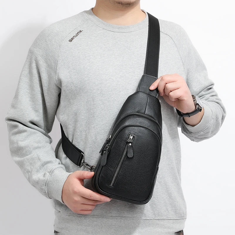 Bolsa de peito masculina 100% couro legítimo, bolsa de ombro masculina, bolsa mensageiro, bolsa transversal casual, bolsa de mão da moda masculina