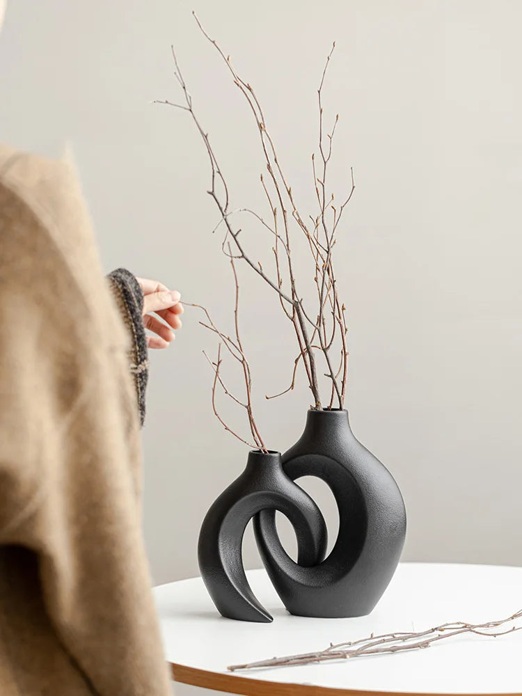 Vaso de cerâmica vazado, 2 para decoração moderna de casa, vaso estilo donut boho, vaso decorativo minimalista preto e branco