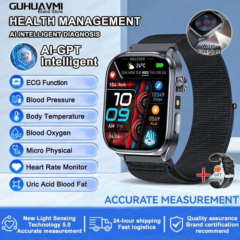 Novo relógio inteligente masculino 2025, pressão arterial, saúde, oxigênio no sangue, ácido úrico, lipídios, rastreador de fitness, relógios Bluetooth, chamada, ECG, smartwatch