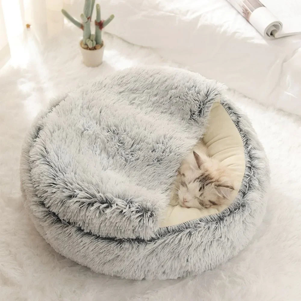 Cama de pelúcia longa e macia para animais de estimação, fechada, redonda, almofada para gatos, confortável, saco de dormir, ninho para gatos, canil para pequenos animais de estimação