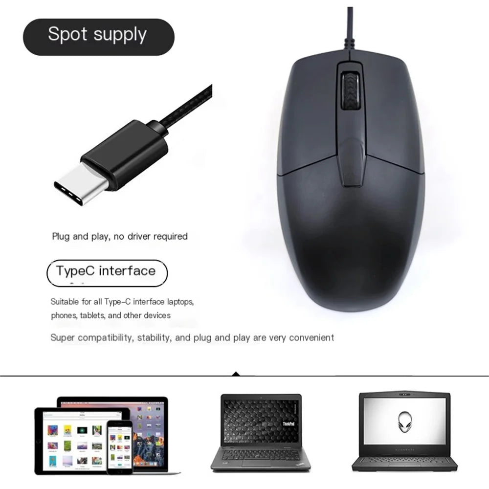 Mouse com fio tipo C, sistema plug and play, leve, portátil, com botão de baixo ruído, para uso em escritório, para negócios e escritório
