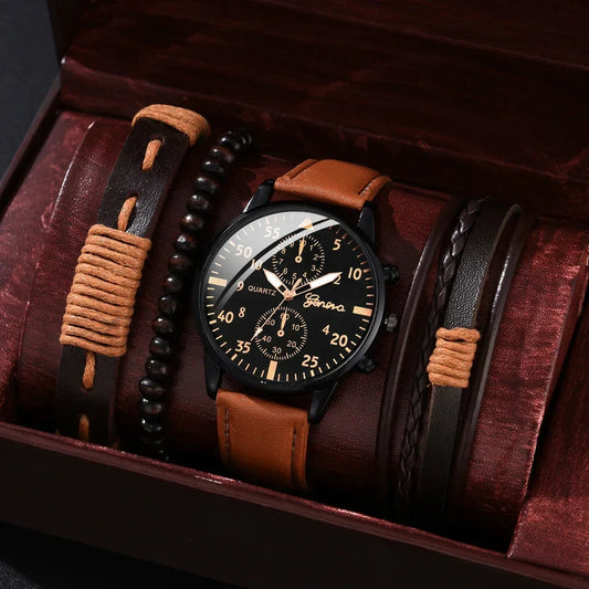 Conjunto de relógios esportivos masculinos 4/2/1 peças, relógio de pulso de quartzo luxuoso com pulseira de couro marrom, relógio casual masculino (sem caixa)