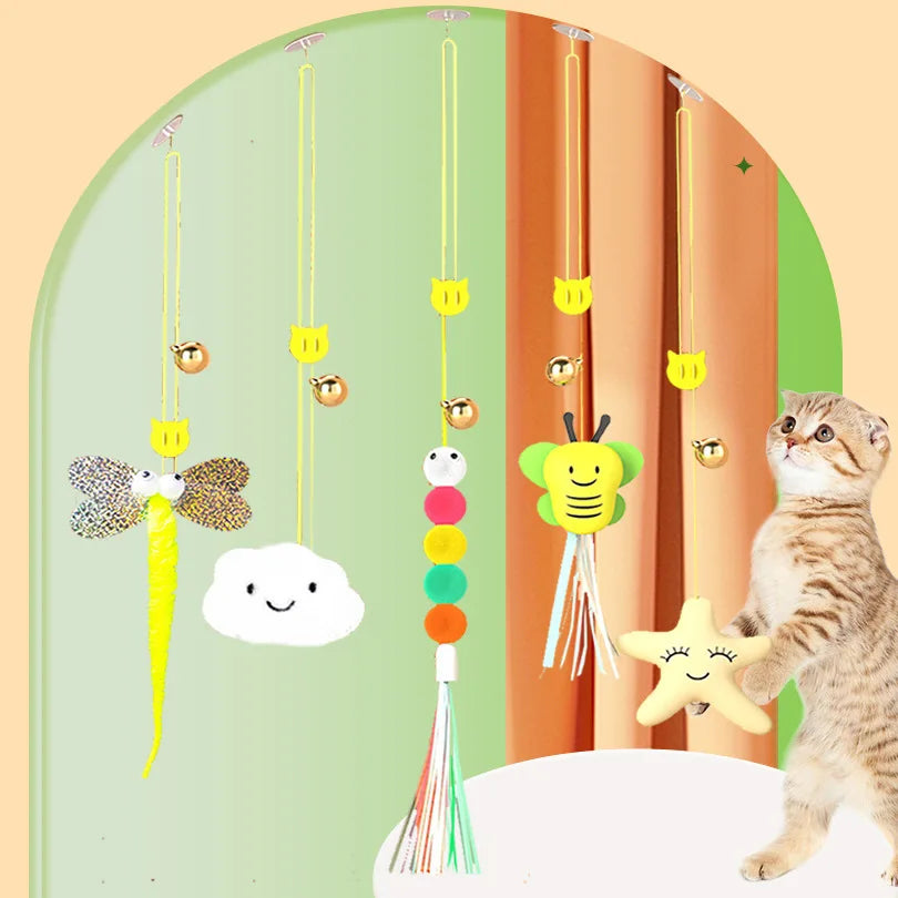 Brinquedos para gatos de estimação, vara engraçada, gatinho, auto-alta, corda elástica, forma de libélula, pena, sino, vara provocante, balanço pendurado, milhares