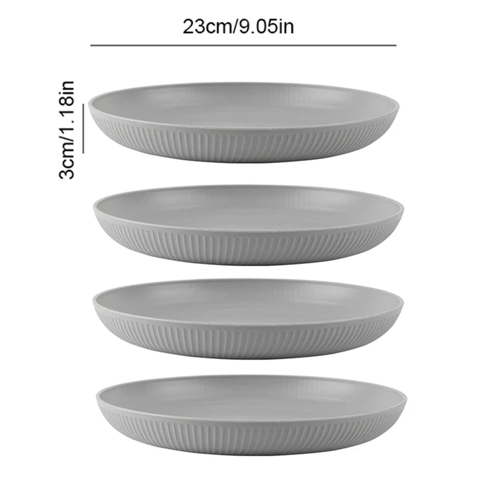 Prato redondo de 23 cm para salada, sobremesa, jantar, empilhável, inquebrável, reutilizável, 4 peças, canudo de trigo, próprio para micro-ondas, prato de frutas para jantar
