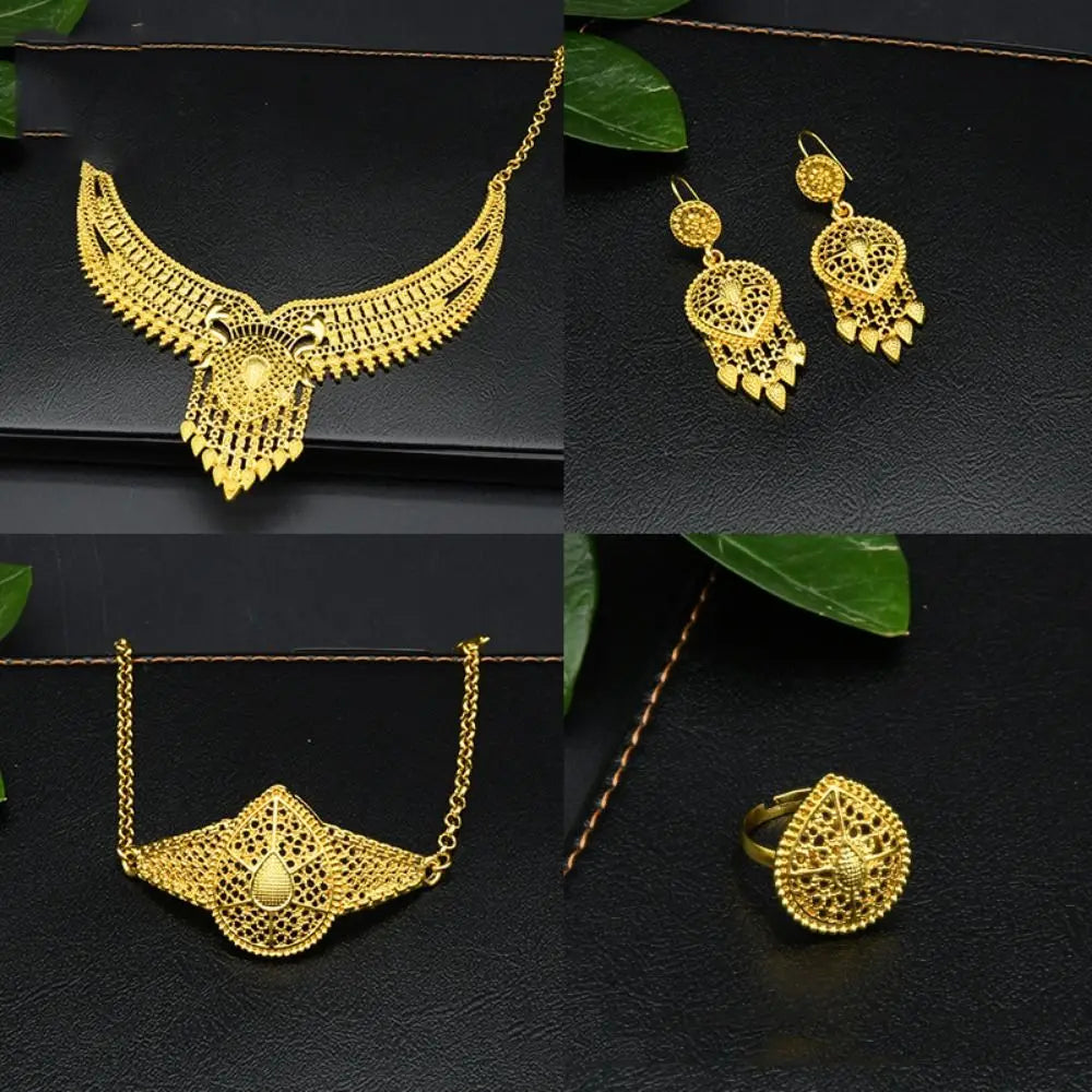 Conjunto de 4 joias indianas banhadas a ouro para noivas, colar/brincos/pulseira/anel, joias luxuosas banhadas a ouro de alta qualidade e duráveis