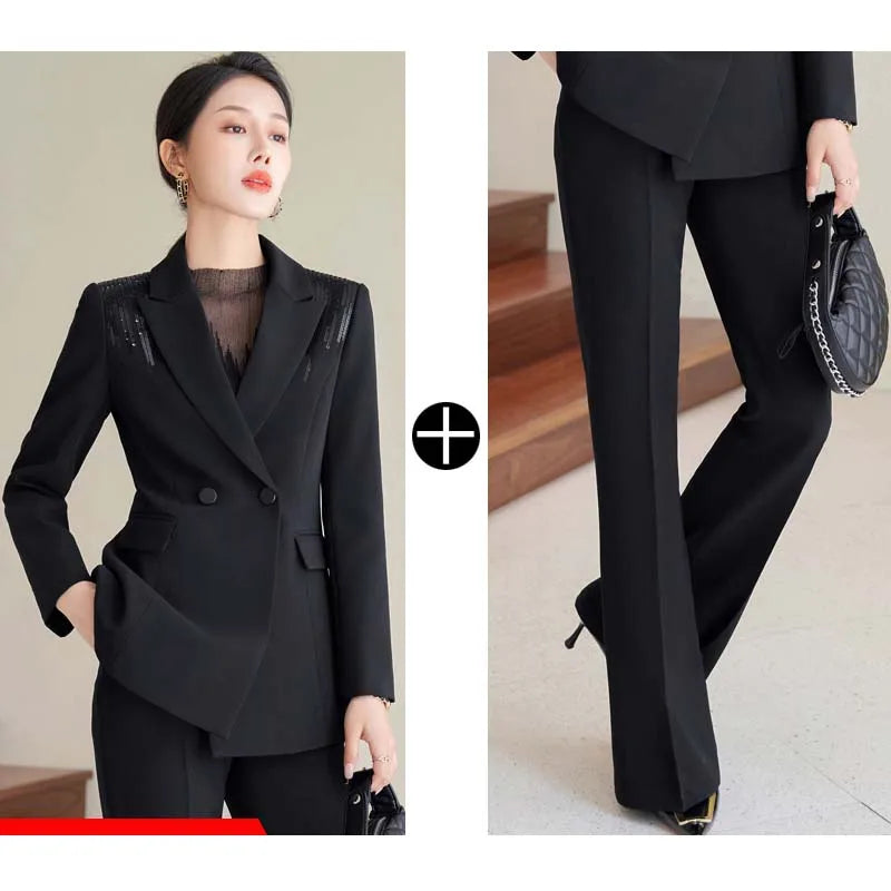 Yitimuceng Conjunto de 2 peças feminino para escritório, nova moda 2025, blazers de manga comprida com lantejoulas, calças flare de cintura alta chiques