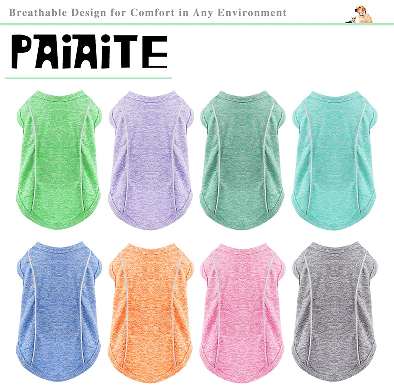 Camisetas de proteção solar para cães com faixas refletivas, secagem rápida, tecido macio e elástico, disponíveis em tamanhos para cães de pequeno a grande porte!