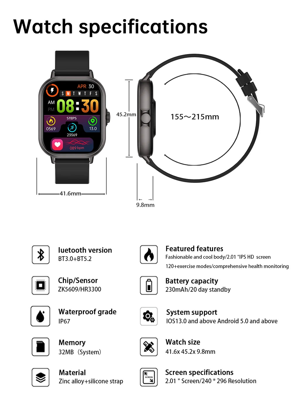 Relógio inteligente 2025 2.01'' Bluetooth com chamada, reprodução de música, relógio fitness esportivo à prova d'água para homens e mulheres, iPhone e Android