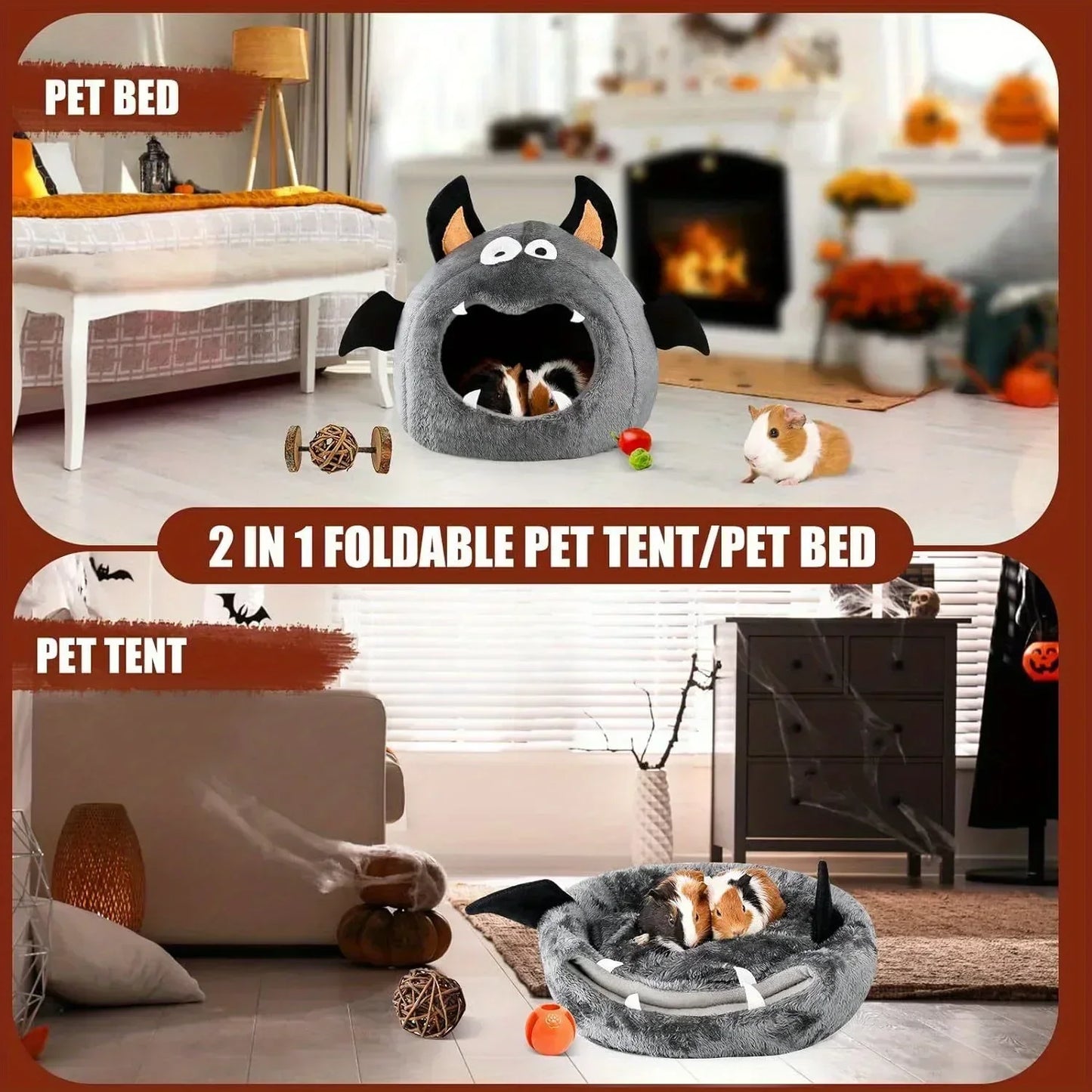 Cama aconchegante 2 em 1 para hamster, ninho de Halloween em formato de morcego, para hamsters, porquinhos-da-índia, coelhos e pequenos animais de estimação, cama de poliéster macia e confortável
