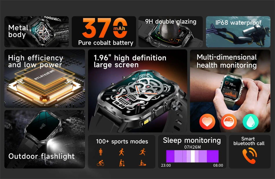 Novo relógio inteligente militar Xiaomi 2024 para homens, esportes ao ar livre, lanterna, fitness, monitor de saúde, 1,96" BT Call Smartwatch