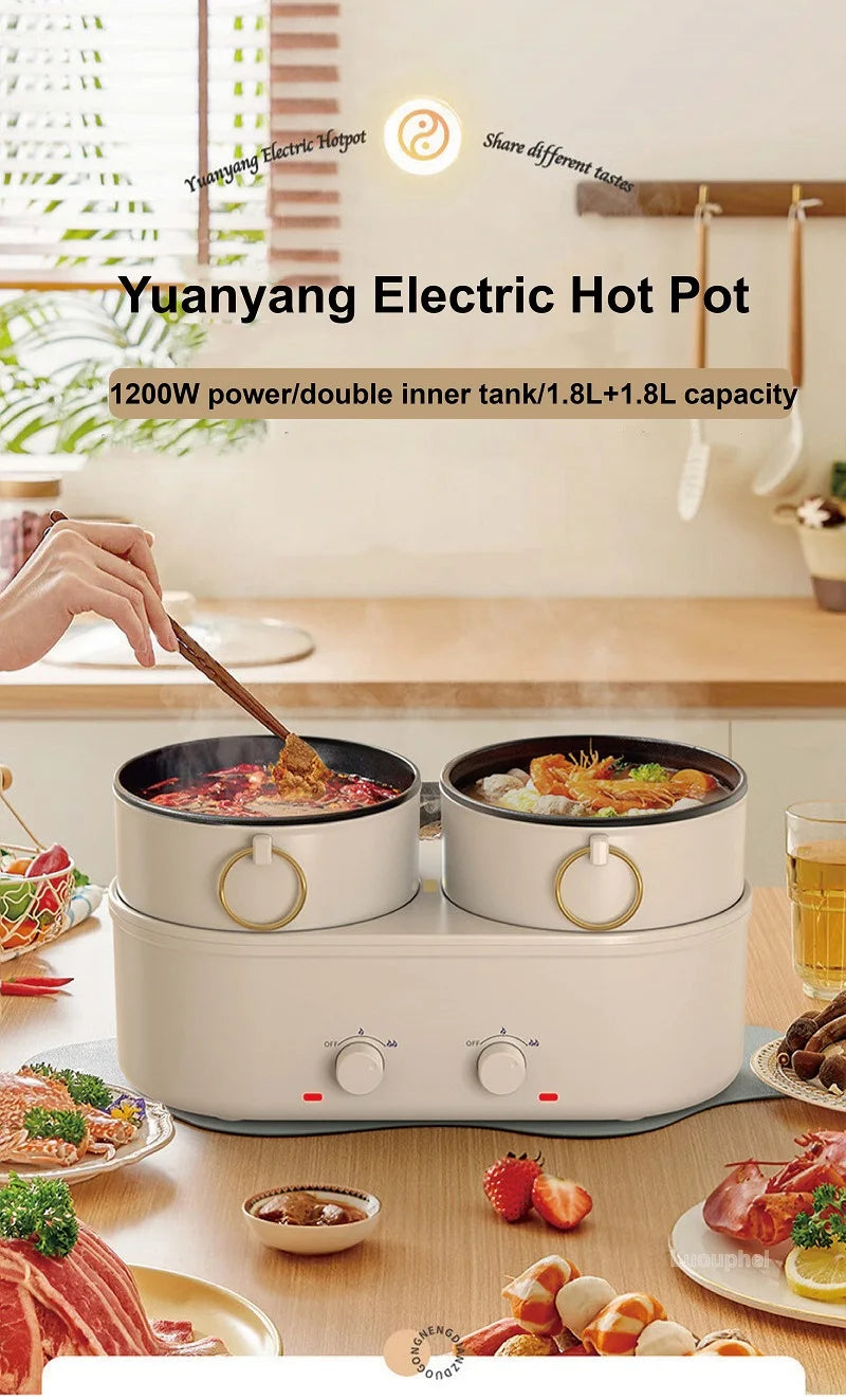 Panela elétrica doméstica de dupla capacidade de 1,8 L, panela elétrica Yuanyang multifuncional, frigideira elétrica antiaderente 220 V