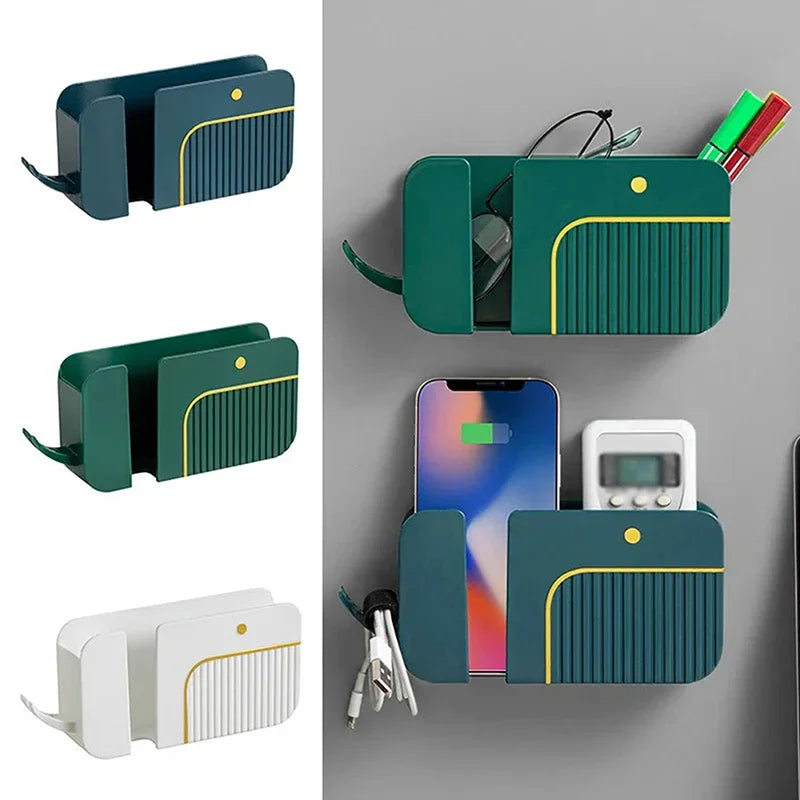 Caixa de armazenamento de controle remoto de celular 2 em 1 montada na parede, suporte de armazenamento multifuncional sem impactos, suporte de armazenamento de detritos de parede