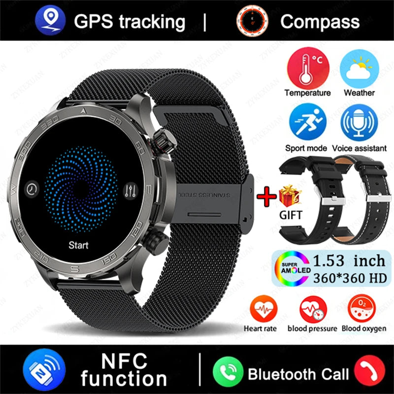 Novo relógio inteligente masculino com GPS e Bluetooth, tela AMOLED HD, frequência cardíaca, NFC, IP68, à prova d'água, esportivo, para Android e iOS, 2025