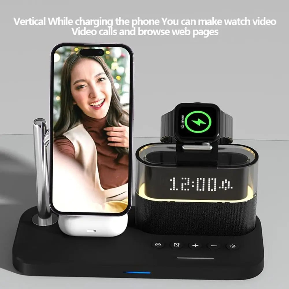 Carregador sem fio Qi2 5 em 1, carregamento rápido de 15 W, suporte magnético com despertador e suporte para carregamento de telefone