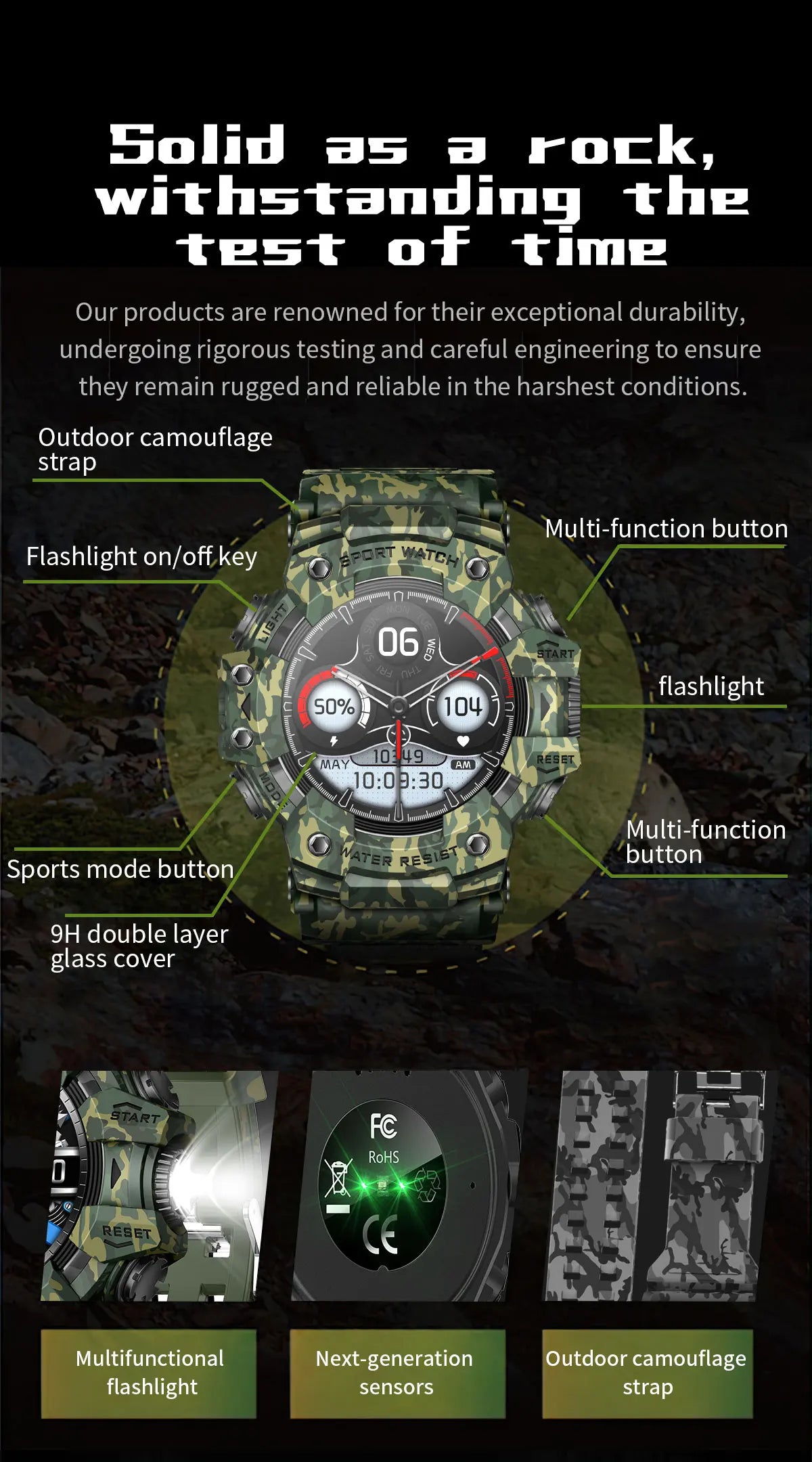 Relógio inteligente esportivo robusto 2025 com Bluetooth, chamadas, relógio inteligente militar à prova d'água e colorido com lanterna SOS COMPASS para telefone