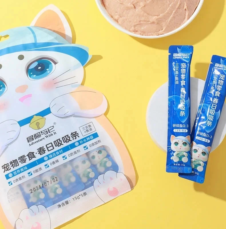 15g*5 Bag Pet Snacks Fish Oil Cat Strips Cat Wet Food Hydrating Cat Snacks Nutrition Salmon eel anchovy Chicken Cat Liquid Snack