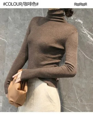 Novo suéter de caxemira feminino outono/inverno 2023, gola alta, suéter ultrafino de lã com pelo