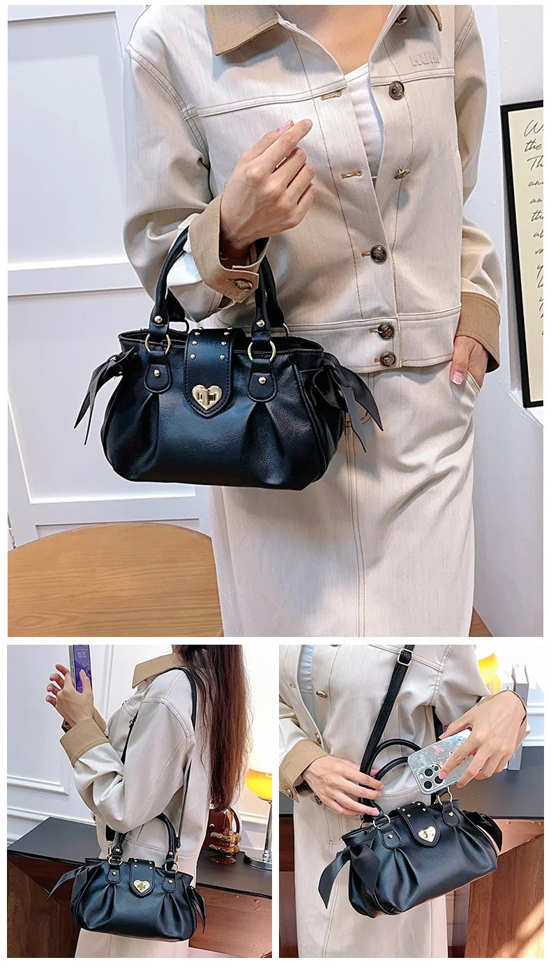 Bolsa de mão rosa com laço doce Lolita, bolsa feminina Harajuku Love Heart, bolsa transversal macia, bolsa de ombro feminina Kawaii de grande capacidade
