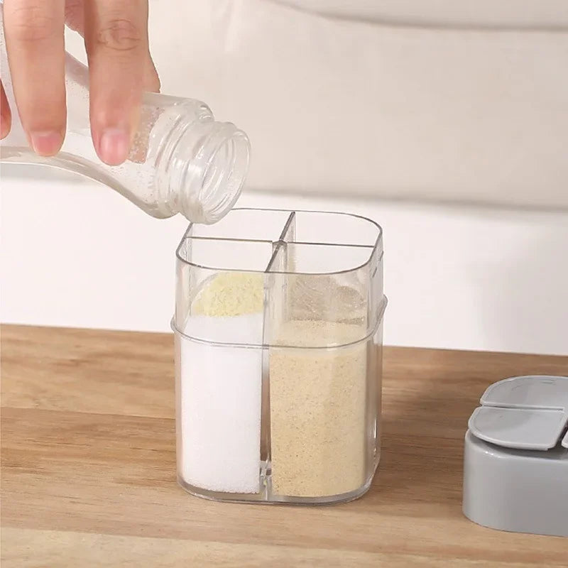 Pote de tempero para acampamento 4 em 1 com tampa, dispensador transparente de especiarias, saleiro e pimenteiro para cozinhar ao ar livre com 4 compartimentos
