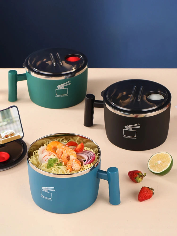 Tigela de aço inoxidável com tampa para macarrão instantâneo, tigela de drenagem selada e portátil para utensílios de cozinha, parceiro de macarrão instantâneo