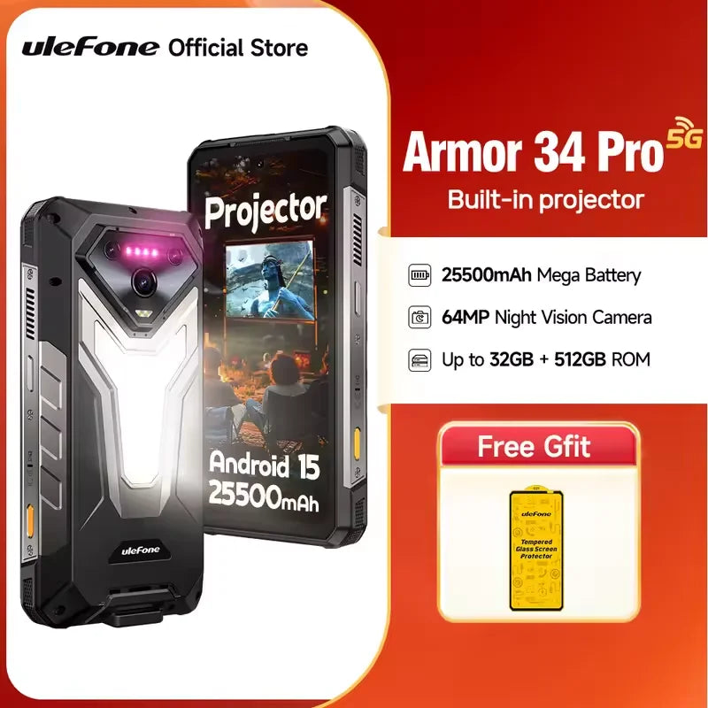 Ulefone Armor 34 Pro 5G, telefone robusto com IA, 32 GB + 512 GB, 25.500 mAh, 6,95" com projetor integrado, 120 Hz, Android 15, MTK 7300, NFC