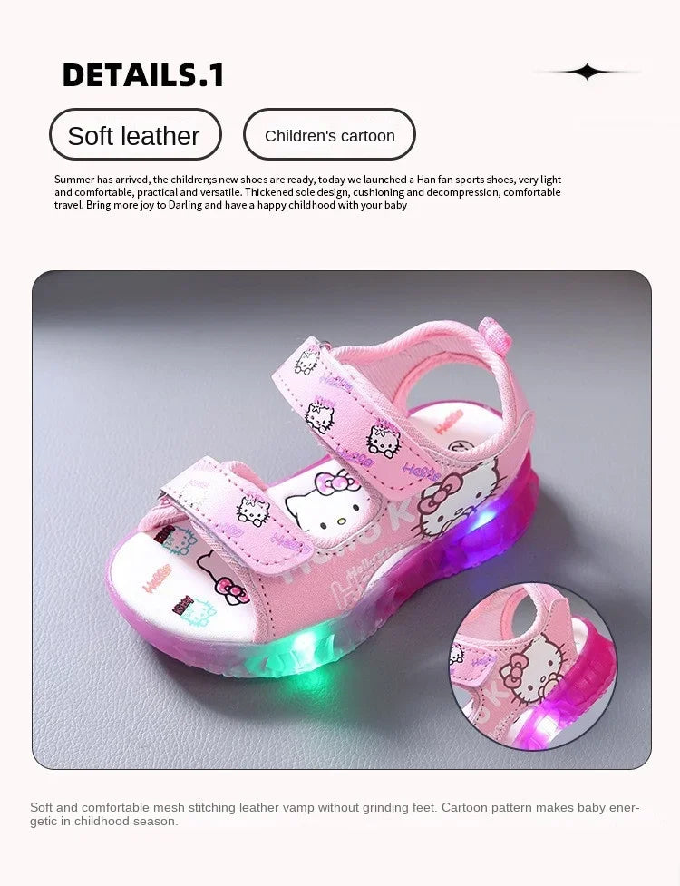 Sandálias infantis com luz LED para bebês meninas, sapatos casuais fofos da Hello Kitty para crianças, calçados antiderrapantes de praia para atividades ao ar livre, verão 2025