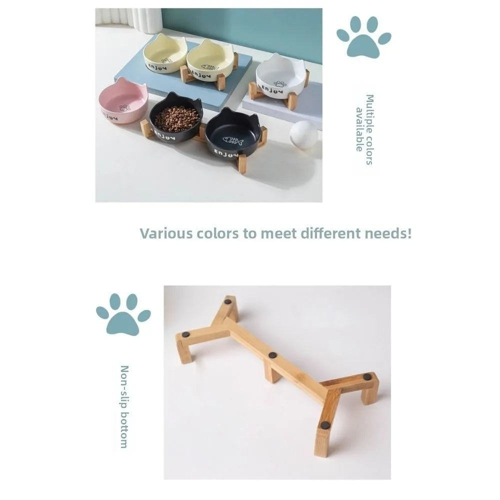 Tigela de cerâmica para animais de estimação, tigela fofa simples/dupla, bacia de alimentação para cães, grande capacidade com suporte, alimentador para animais de estimação, proteção para o pescoço